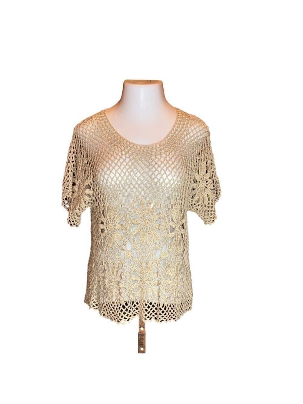 ROZ & ALI Gorgeous Tan Taupe Crochet Lace Top Size L